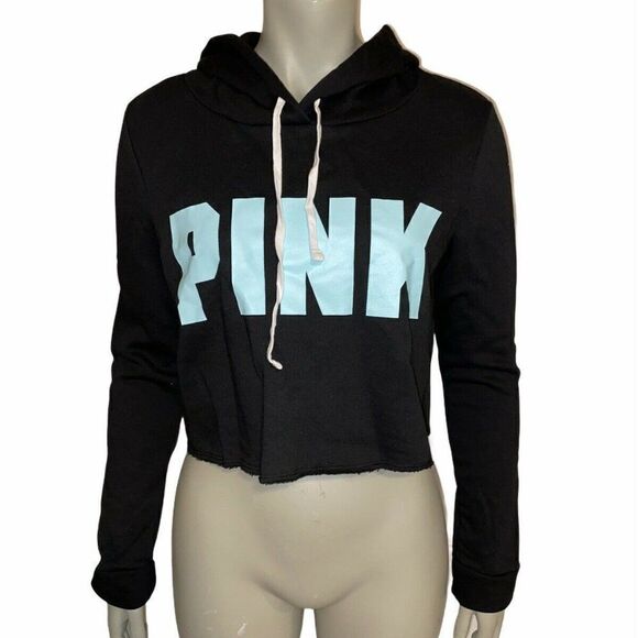 PINK Black Logo Cropped Raw Hem Sweatshirt NWT - Picture 1 of 4